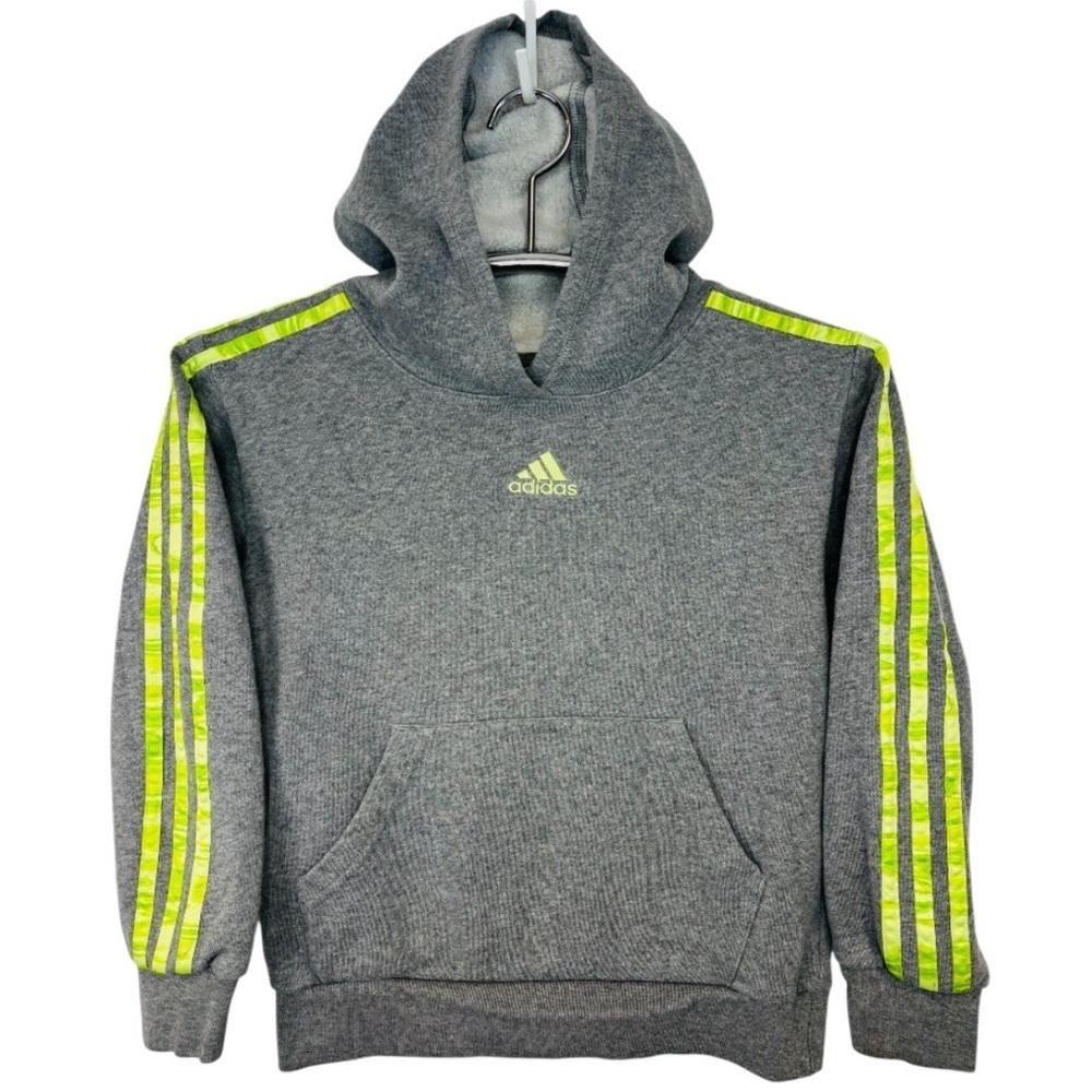 Adidas Regular Fit Boy’s Gray Hooded Sweatshirt with Neon Yellow Stripes Size 8